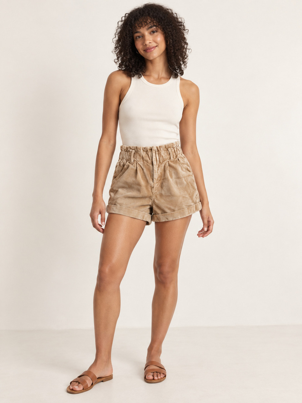 Cider Tan Corduroy Paperbag Waist Cuffed Shorts XS